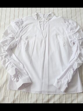 Primark White Pearl-Trim Ruffle-Sleeve Blouse